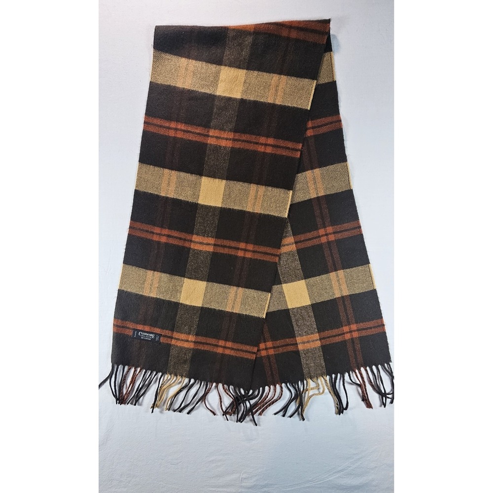 Vintage Cashmaire Plaid Scarf Brown Tan Orange 100% Acrylic Made Japan